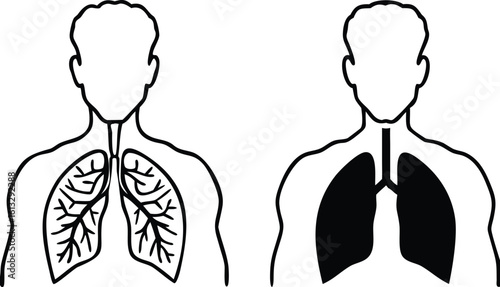 Lungs Icons. Black and White Vector Illustrations. Lungs Inside a Human. Body Part, Internal Organ. Anatomy, Medicine. Lung Disease Concept