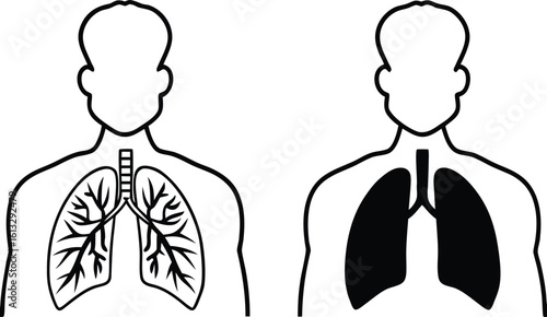 Lungs Icons. Black and White Vector Illustrations. Lungs Inside a Human. Body Part, Internal Organ. Anatomy, Medicine. Lung Disease Concept