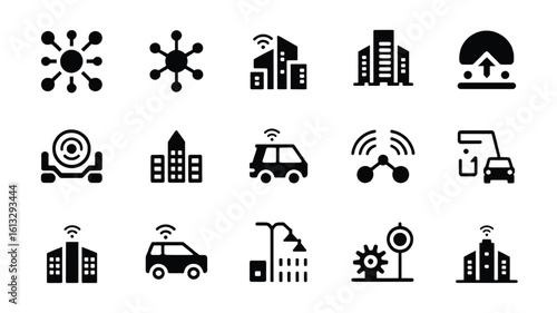 Smart City Technology Icons Set Digital Connectivity Infrastructure Internet of Things and Autonomous Systems
