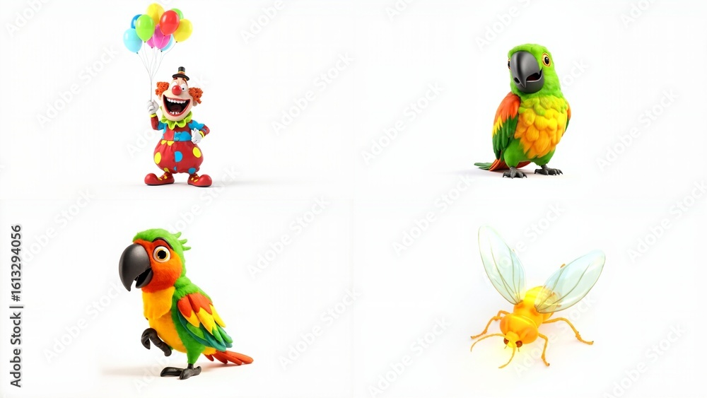Obraz premium A group of colorful parrots with balloons background expression layers movement figure cartoonish backgrounds style scene depth emotion frame gesture motion creative elements design