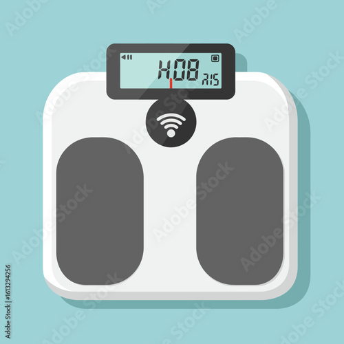 Smart digital bathroom scale displaying weight; wireless connectivity.
