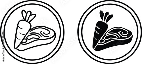 Paleo icons. Black and White Vector Icons of Carrots and Meat. Paleolithic Diet. Natural and Organic Products. Label for Labeling and Packaging Paleo Food Products
