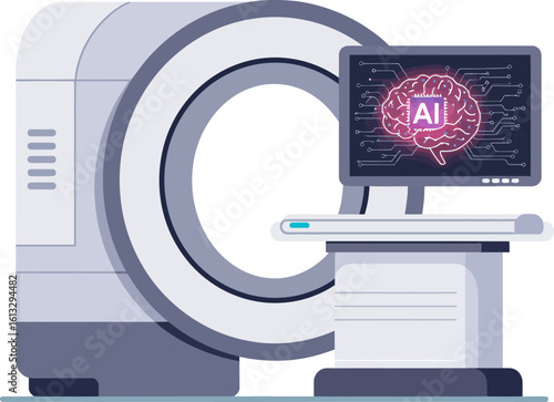 Illustration of a medical MRI scanner with a computer screen displaying an AI brain concept.