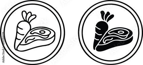 Paleo icons. Black and White Vector Icons of Carrots and Meat. Paleolithic Diet. Natural and Organic Products. Label for Labeling and Packaging Paleo Food Products
