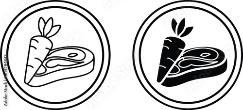 Paleo icons. Black and White Vector Icons of Carrots and Meat. Paleolithic Diet. Natural and Organic Products. Label for Labeling and Packaging Paleo Food Products
