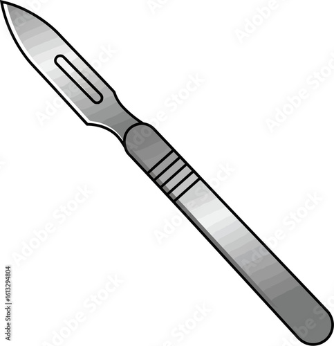 Illustration of a surgical scalpel with a metal blade and handle, depicted on a white background.