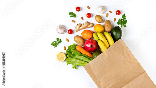 Fresh Organic Groceries in Paper Bag with Healthy Fruits and Vegetables on White Background