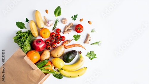 Fresh Organic Groceries in Paper Bag with Healthy Fruits and Vegetables on White Background
