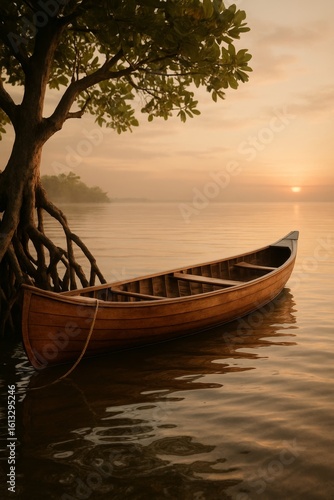 Wooden canoe tied near a tree at sunrise, floating gently on calm water with golden morning light.


