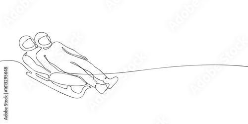 Two athletes riding a luge sled drawn in continuous line style. Minimalist outline illustration of winter sliding sport. Olympic luge doubles competition concept on ice track.