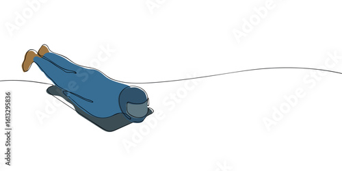 Skeleton athlete sliding headfirst on ice sled, illustrated in continuous line style with color fill. Minimal winter sports concept. Olympic skeleton racing event visual.