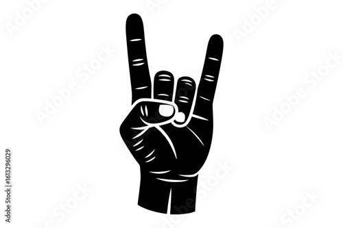 An illustration of a hand gesture with index and pinky fingers extended upwards in black and white style