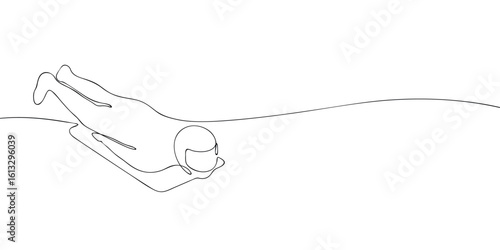 One line drawing of a skeleton athlete riding headfirst on sled. Minimalist linear illustration. Winter sliding sport and Olympic games concept.