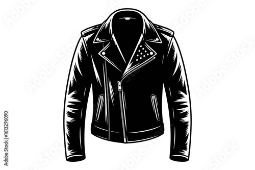 Illustration of a black leather biker jacket with a zipper and studs on the collar in monochrome style