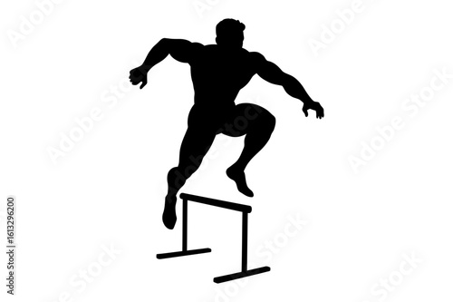 Silhouette of muscular man jumping over a hurdle in an athletic competition with white background