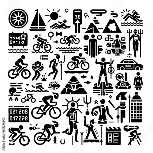 Collection of triathlon related icons featuring swimming cycling and running with various other sport elements