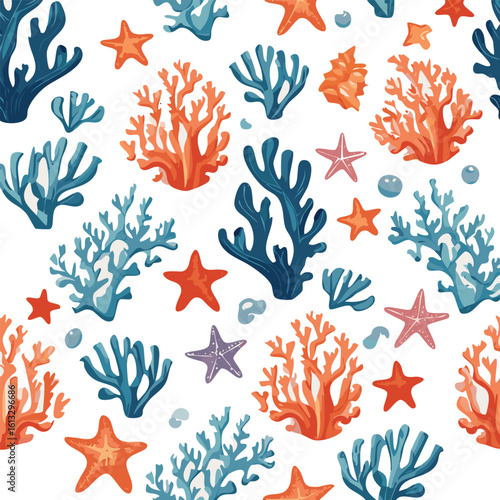 Seamless hand drawn pattern with coral reef and starfishes. Vector dark blue illustration on ivory background