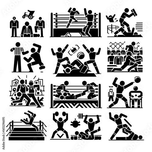 Collection of black and white sport icons featuring wrestling boxing and weightlifting activities in various scenes