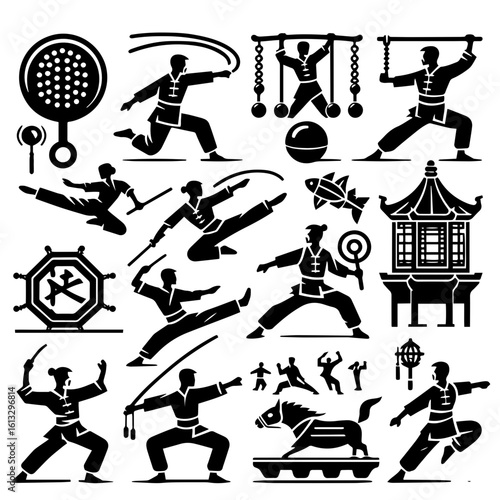 Illustration depicting various martial arts poses and traditional chinese cultural elements in black and white