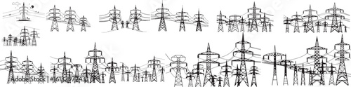 Detailed electricity pylon silhouettes for engineering designs and power infrastructure visuals available here now