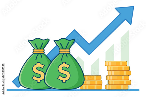 Green money bags and gold coin stacks suggest substantial economic growth with blue arrow