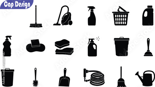 Extensive Vector Silhouettes of Home Cleaning and Gardening Tools – Essential Icons for Housekeeping, Domestic Maintenance, Yard Work, and Daily Chores, Isolated on White.