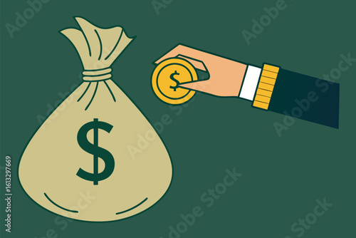 Hand places gold coin into a money bag with dollar sign on green
