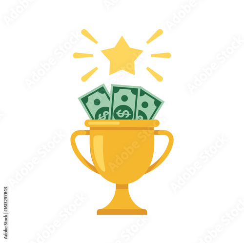 Golden trophy filled with cash and a star symbolizing achievement success and financial reward for hard work