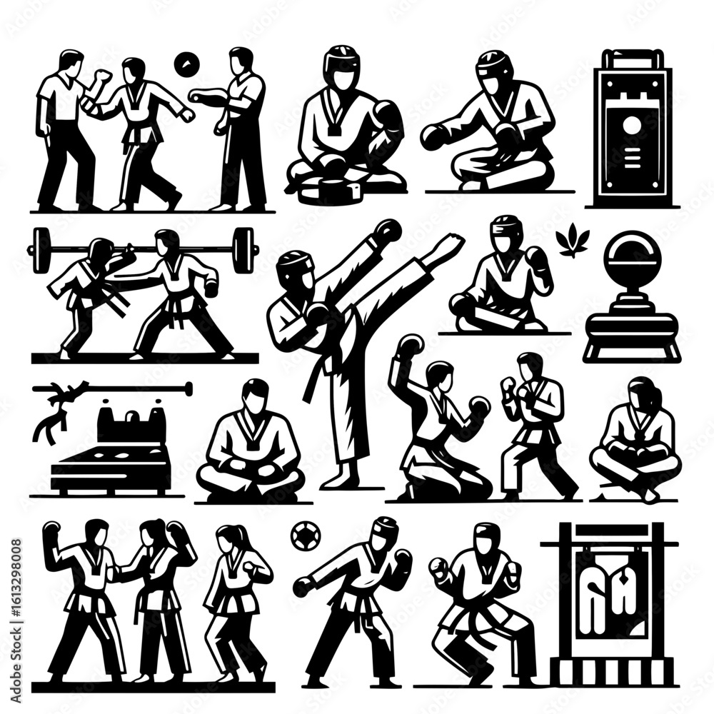 Naklejka premium Collection of martial arts stances and training equipment in black and white vector illustration