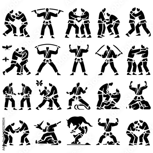 Collection of black silhouettes depicting martial arts fighters and other figures in various poses