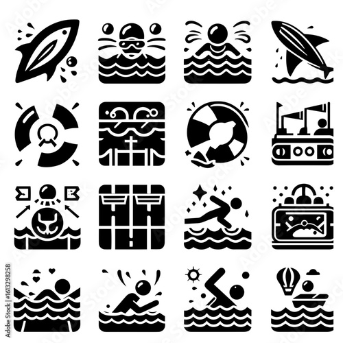 Collection of sixteen black and white swimming and water sport related icons in a square grid format