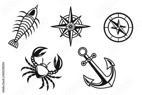 Nautical Icons Crab Anchor Compass Shrimp.