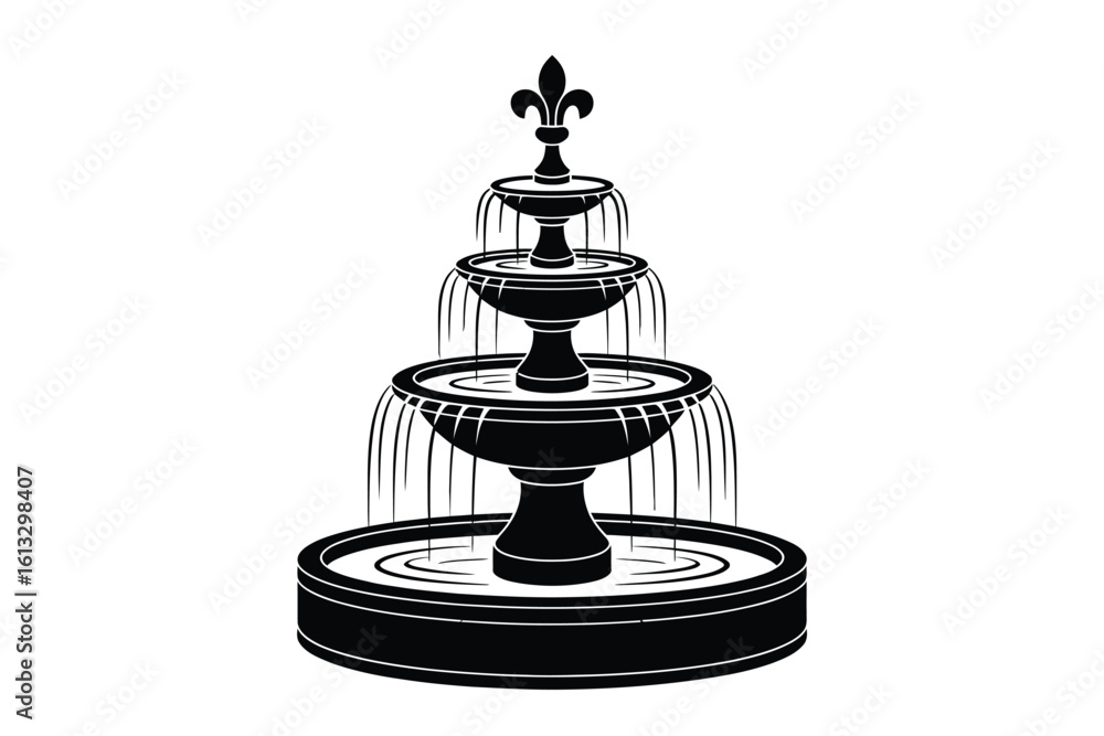 Fototapeta premium Black and White Three Tiered Fountain with Fleur de Lis Topper