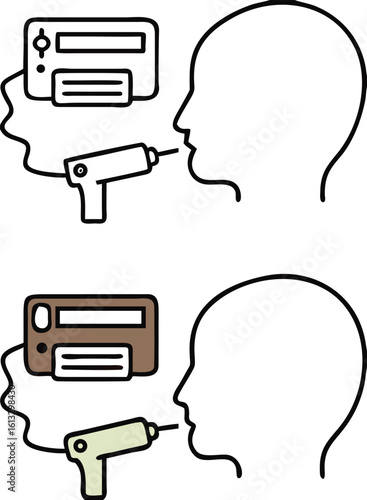 Spirometry Icons. Black And White Vector Illustration. Method Of Studying The Lungs And Bronchi. Human Head And Medical Device. Lung Disease Concept
