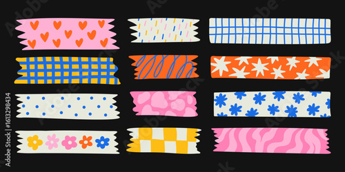 Set of colorful patterned washi tape stripes with cute pattern. Vector illustration of a cute decorative scotch tape. Colored decorative tape mini washi sticker decoration. 