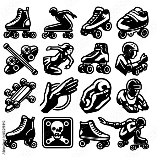 Collection of black and white roller skating illustrations featuring various poses and equipment designs