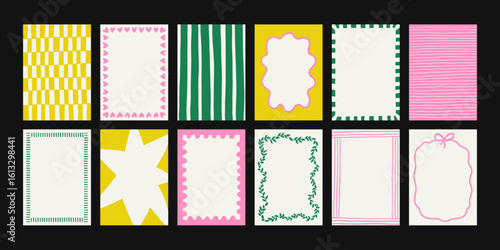 Set of hand-drawn frames with wavy squiggle curly ribbons and backgrounds with hand-drawn borders, abstract wavy lines retro-inspired patterns. For invitations, posters, social media templates
