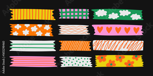 Set of colorful patterned washi tape stripes with cute pattern. Vector illustration of a cute decorative scotch tape. Colored decorative tape mini washi sticker decoration. 