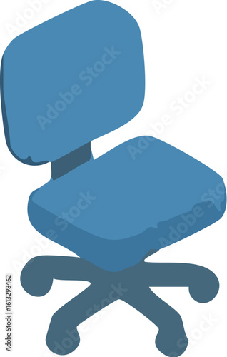 A simple blue office chair with a backrest and a rolling swivel base with five casters.
