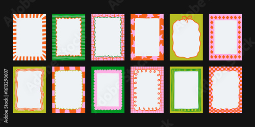 Set of hand-drawn frames with wavy squiggle curly ribbons and backgrounds with hand-drawn borders, abstract wavy lines retro-inspired patterns. For invitations, posters, social media templates
