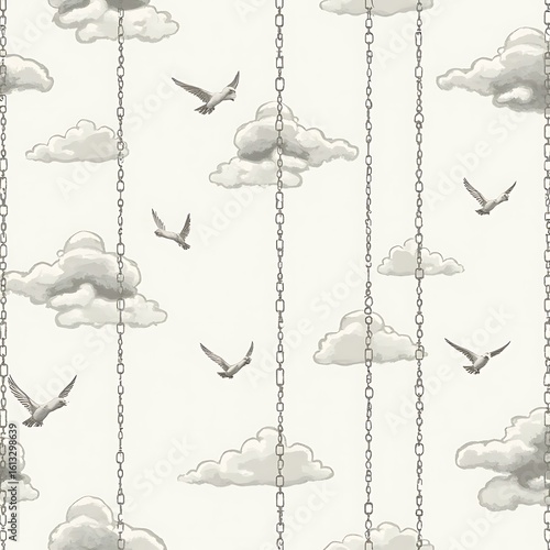 Sky Pattern Featuring Clouds, Birds, and Chains on White Background