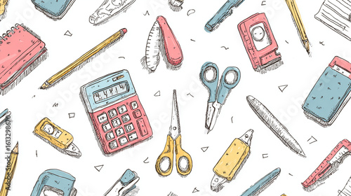 Doodle-style illustration of school stationery: pen, pencil, sharpener, scissors, clip, calculator. Bright and playful on white.