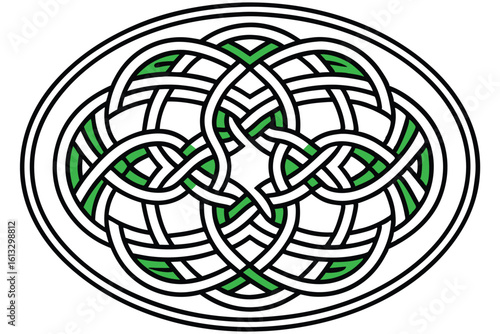 Intricate celtic knot design with green and white intertwined patterns