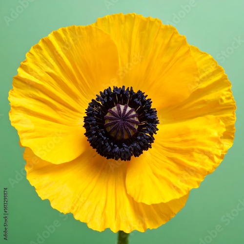 Bright yellow poppy against mint green