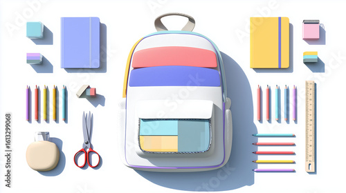 Flat lay of back to school essentials on white background: colorful backpack, notebooks, pencils, eraser, ruler, scissors. Minimalist vector illustration.