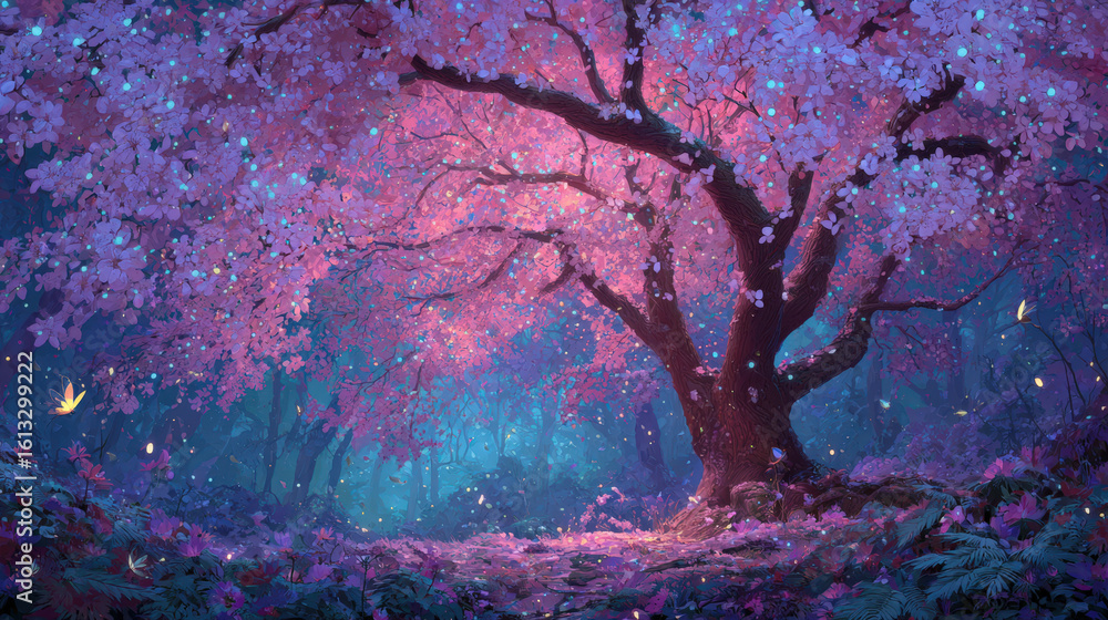 Serene cherry blossom blooming tree enchanted forest digital art tranquil environment magical atmosphere Serene cherry blossom blooming tree enchanted forest digital art tranquil environment magical atmosphere