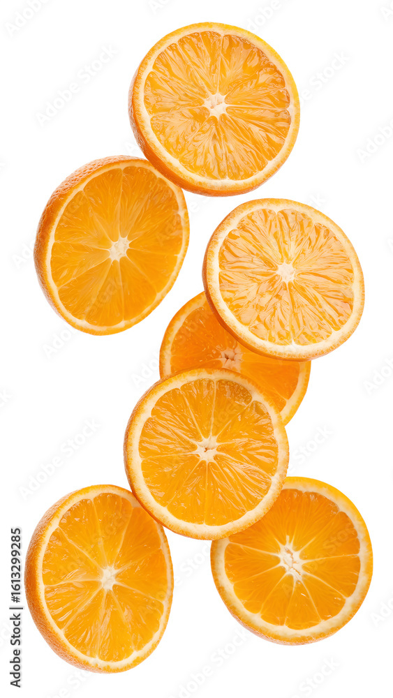 Juicy orange fruit slices are falling naturally, displaying their vibrant color and fresh texture, isolated transparent png. Juicy orange fruit slices are falling naturally, displaying their vibrant color and fresh texture, isolated transparent png.