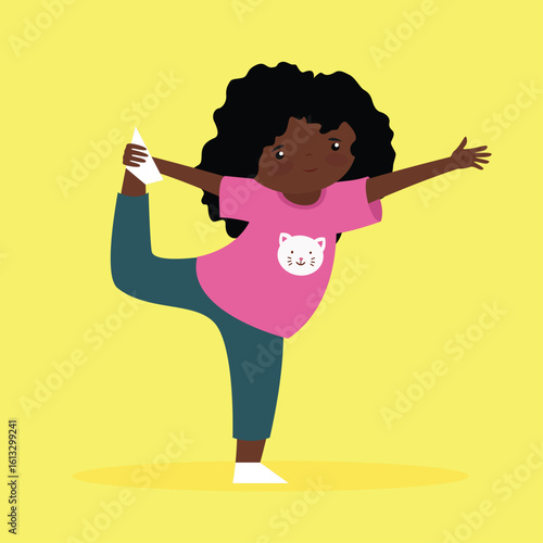 african american girl doing yoga, vector illustration in flat style