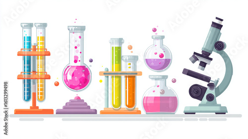 Set of colorful science lab tools: test tubes, beakers, microscope, chemical reactions. Clean white background, flat vector.