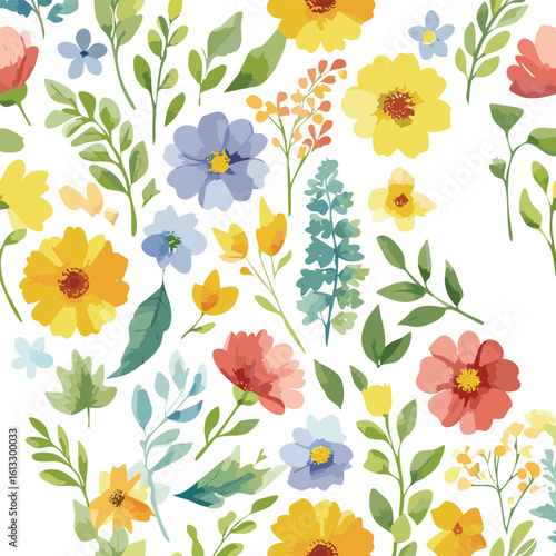Watercolor floral seamless pattern with scattered wildflowers, leaves and plants. Summer illustration